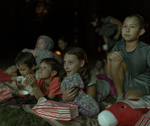 Group of children on a lawn at night lit by a screen.