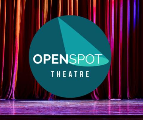 Background of a red theatre curtain and logo of a teal spotlight and the words OpenSpot Theatre