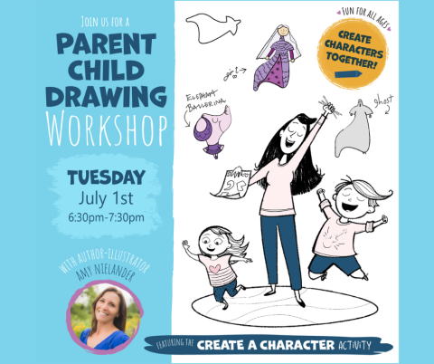 A mom and two excited kids with text Join Us for a Parent Child Drawing Workship Tuesday July 1st 