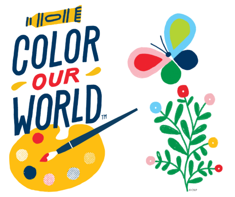Paint Pallette and brush with text Color Our World and a butterfly with flowers