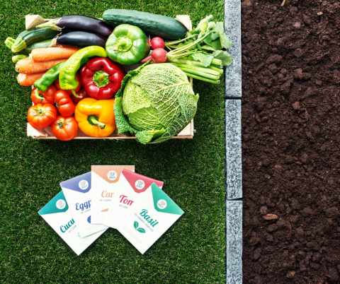 Various seed packets and a crate of vegetables next to a garden.