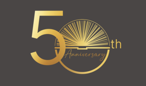 Gold text reading 50th anniversary with the library's open book logo in the 0 of the 50