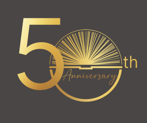Gold text reading 50th anniversary with the library's open book logo in the 0 of the 50