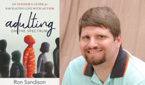Author Ron Sandison, a white man with brown hair and a short beard, and book cover Adulting on the Spectrum featuring a single orange figure in a group of dark gray ones
