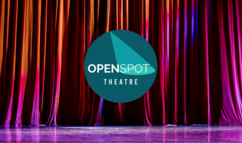 Red stage curtain with OpenSpot Theatre Logo