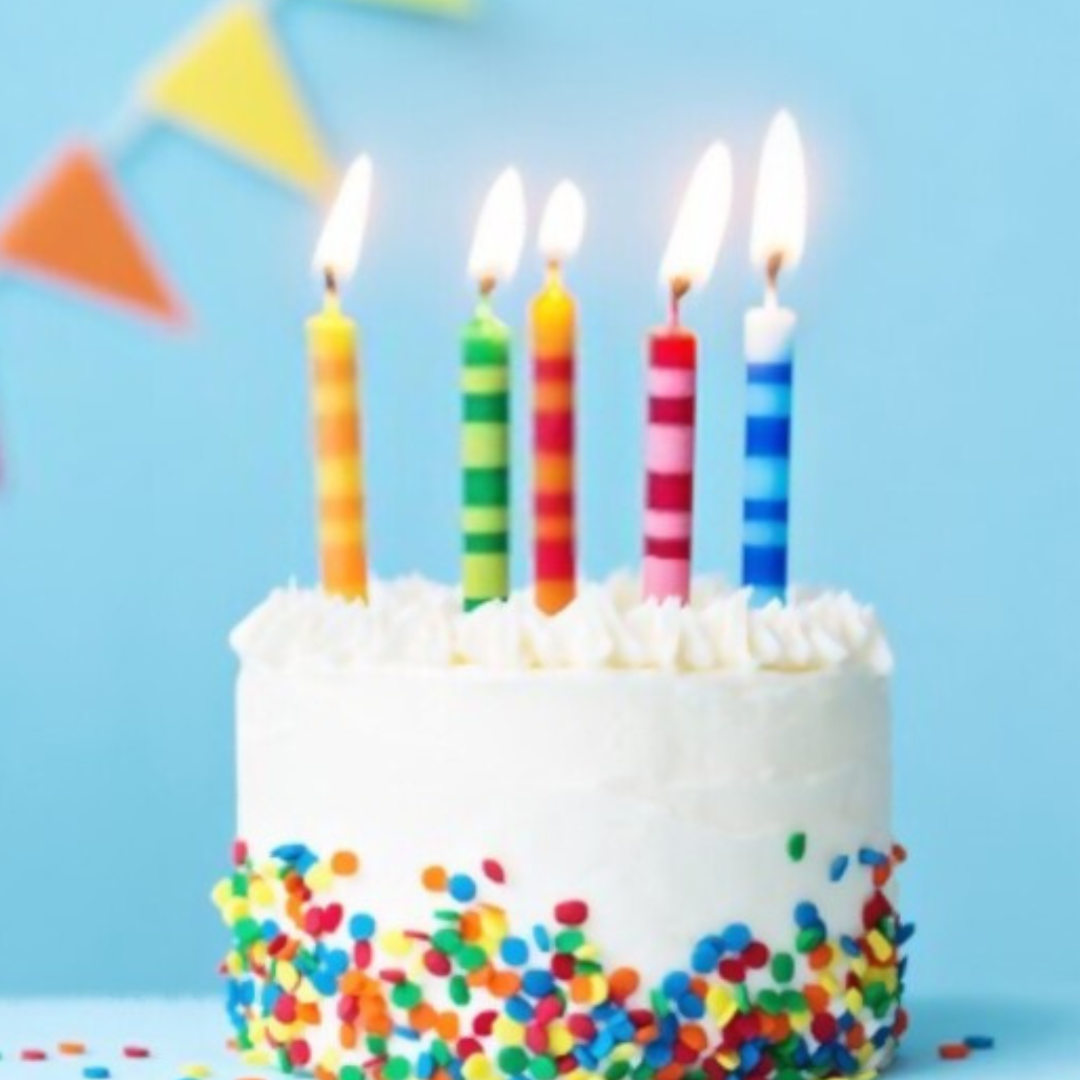 Birthday cake with five brightly colored candles