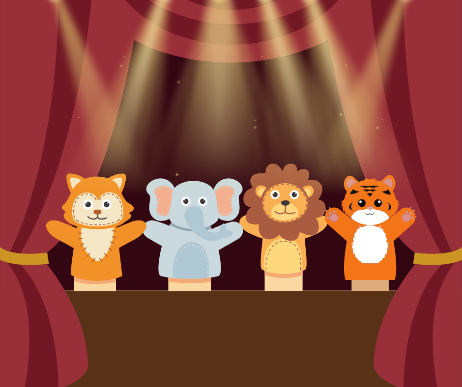 Various animal puppets on a spotlit stage